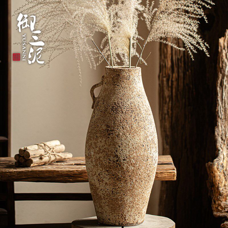 御三泥纯手工陶瓷插干花家居摆件复古花瓶粗陶侘寂风落地民宿陶罐