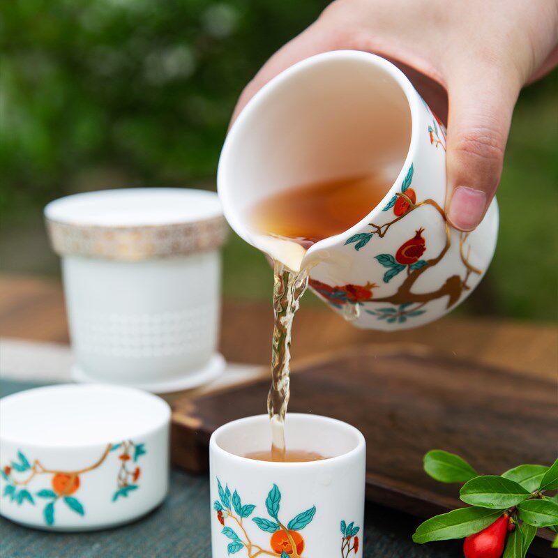 高淳陶瓷红石榴家园快客杯骨瓷旅行便携式茶具宫廷风送礼茶具套装