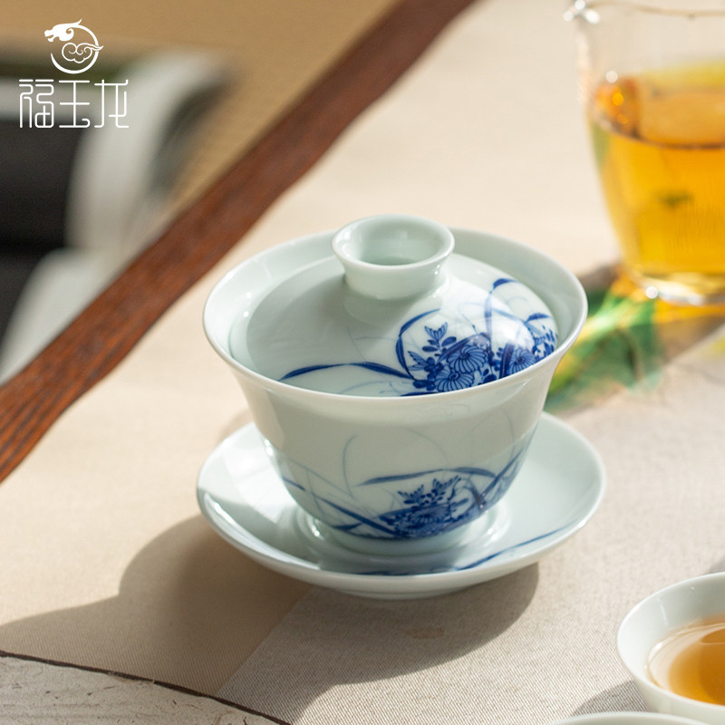 福玉龙手绘青花陶瓷盖碗茶杯高档景德镇兰花茶碗盖碗功夫茶具套装