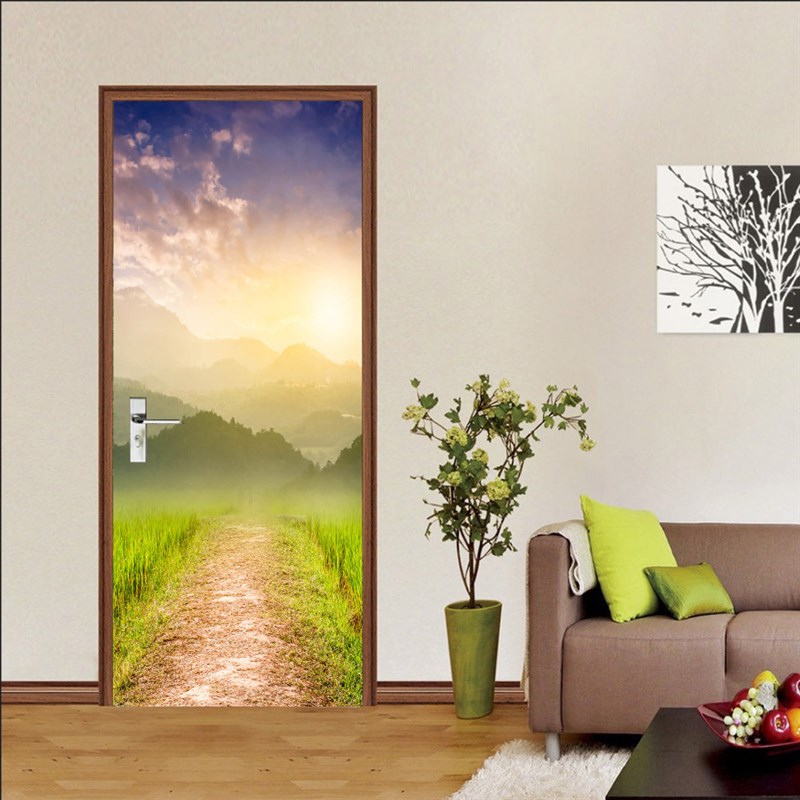 3D立体房门壁画创意环保欧式定制海景整张自粘卧室旧木门翻新贴纸