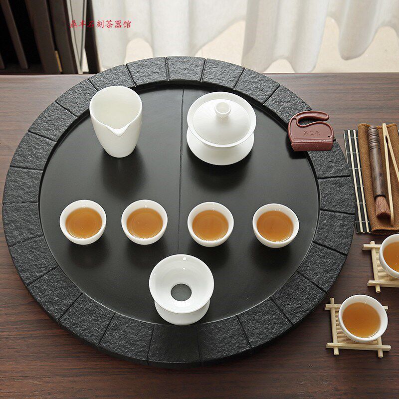天然乌金石茶盘整块圆型小号圆形大号茶海简约家用石磨茶具可排水