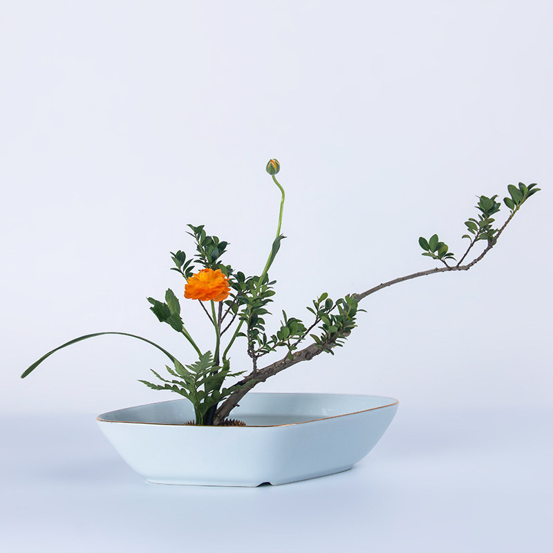 小原流花道花器天使金色描边菱形插花器皿剑山插花器日式花盘禅意