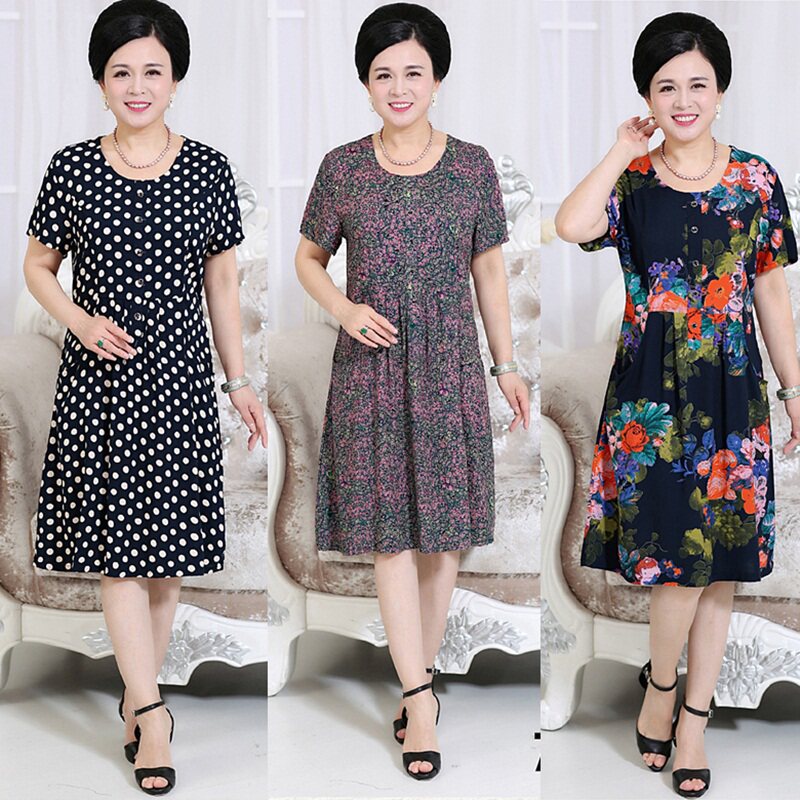 中老年人妈妈装夏装棉绸短袖连衣裙50-70岁老人奶奶装碎花裙子