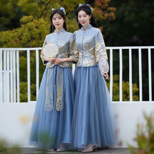 中式伴娘服女2024新款秋冬姐妹团蓝色礼服旗袍中国风汉服伴娘裙装