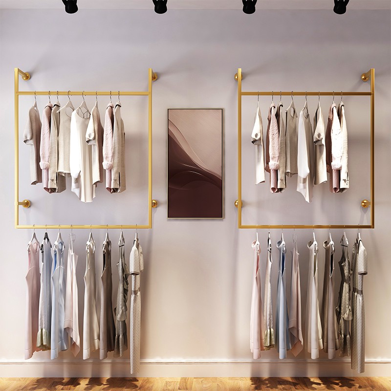 简约服装店上墙展示架男装店衣架童装架子侧挂女装店金色双层货架