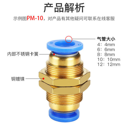 PU软管气管快速快插气动转接头穿板隔板直通接头PM4/6/8/10/12mm
