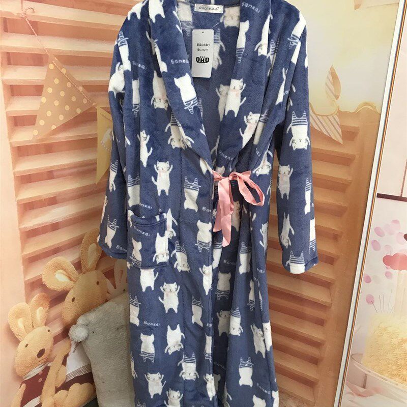 秋冬加厚卡通法兰绒可爱女生睡袍长袍家居服珊瑚绒加绒浴袍中长款