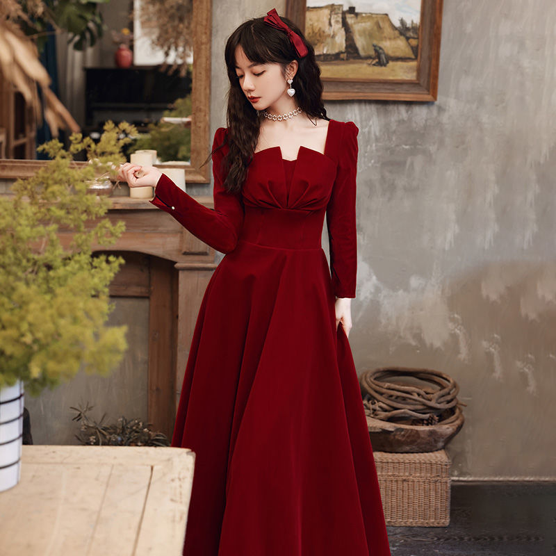 酒红色敬酒服新娘2021新款平时可穿结婚订婚回门晚礼服连衣裙秋冬