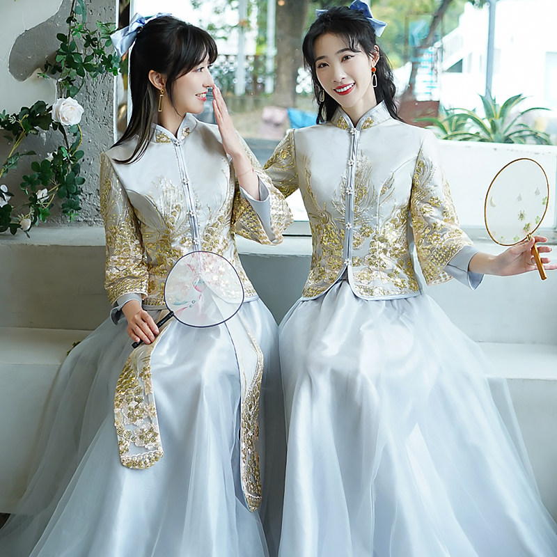 伴娘服中式中国风2021新款冬季结婚灰色闺蜜装伴娘团姐妹裙礼服女
