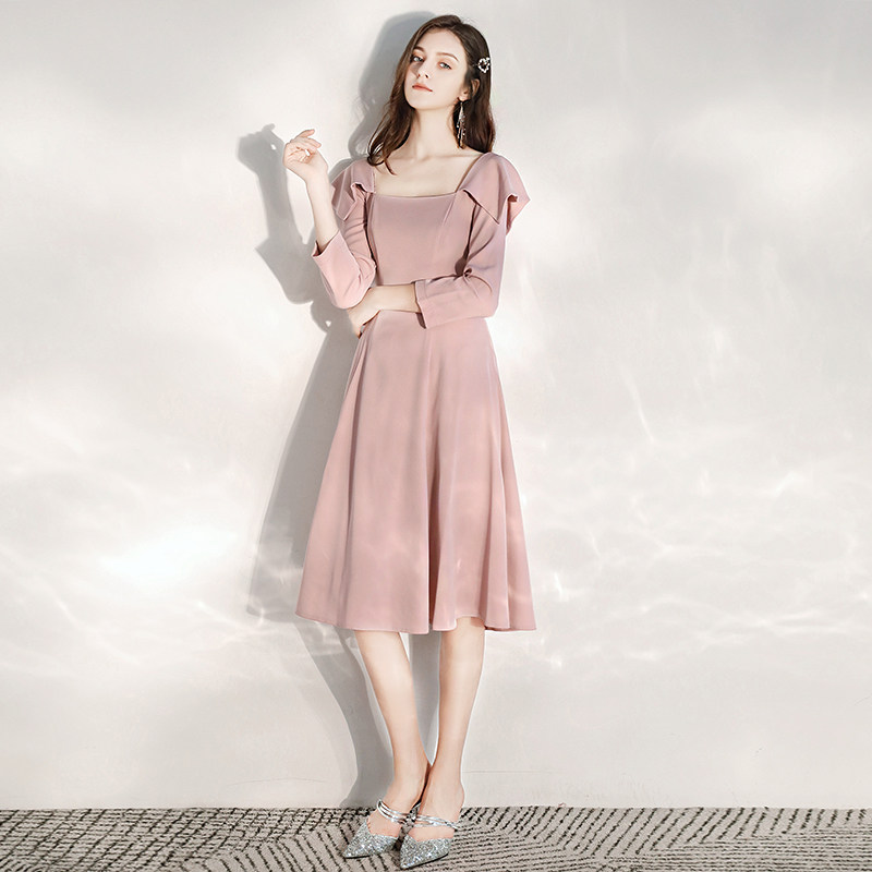 小个子晚礼服女宴会气质伴娘平时可穿轻奢小众高端粉色订婚连衣裙