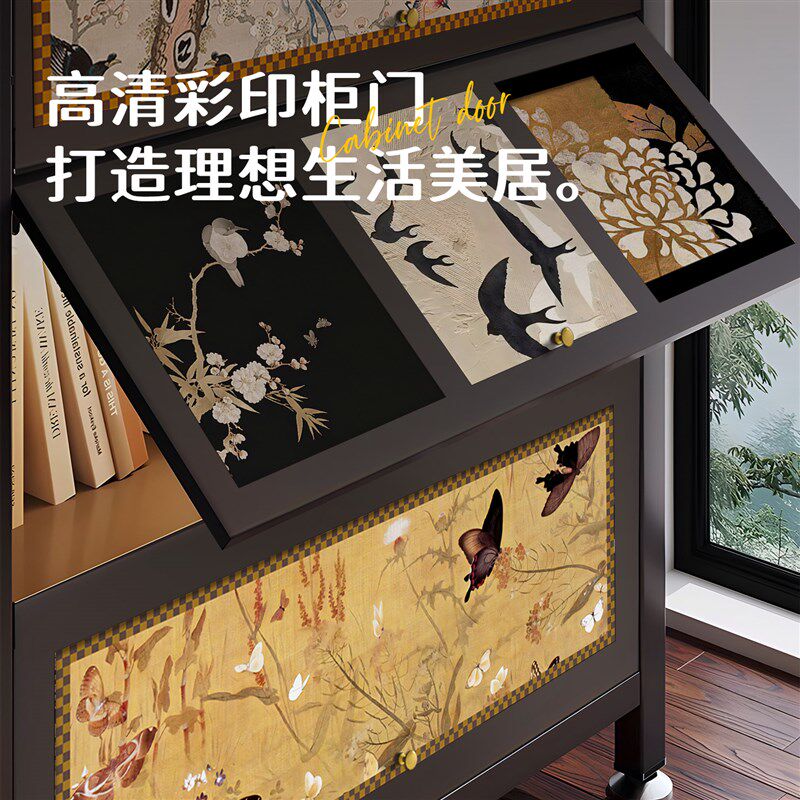 中古风钢制书柜收纳柜一体置物架落地儿童客厅带柜门防尘飘窗书架