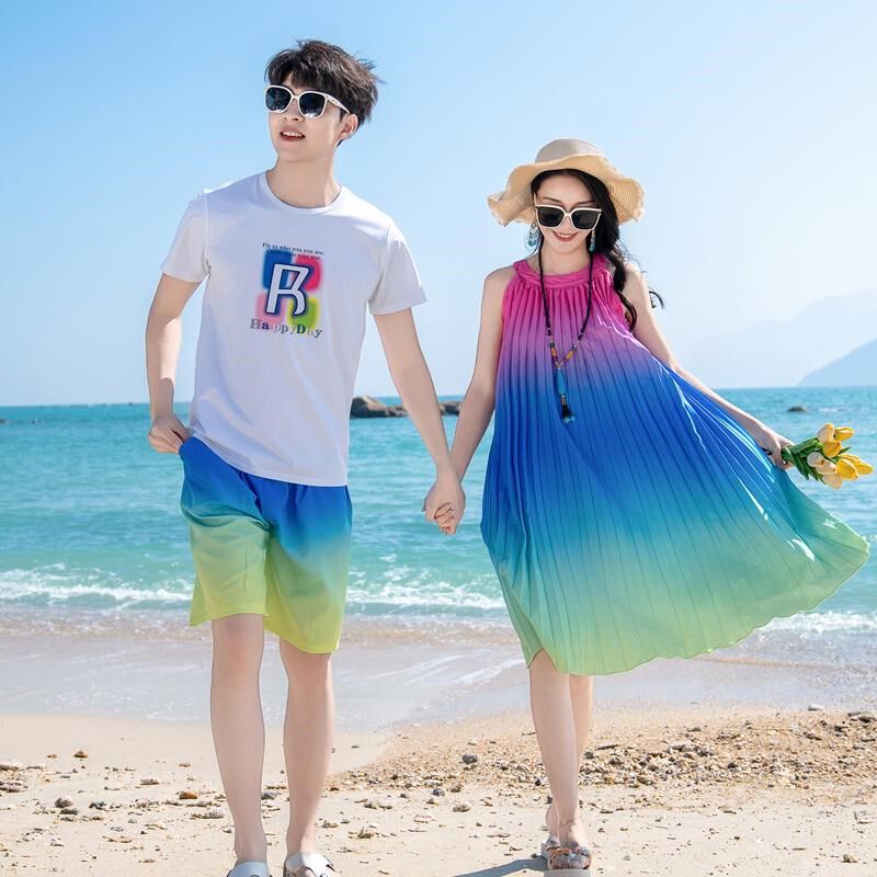 沙滩裙小个子情侣装夏套装海边度假海岛三亚泰国大码胖MM旅游穿搭