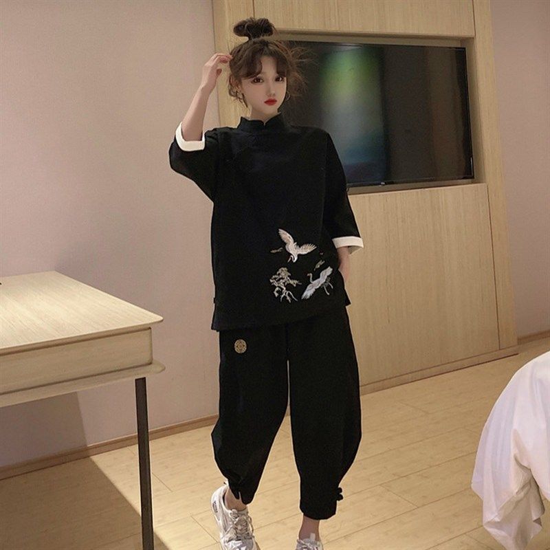 汉服女款唐装女套装两件套中国风改良旗袍上衣盘扣禅服新中式女装