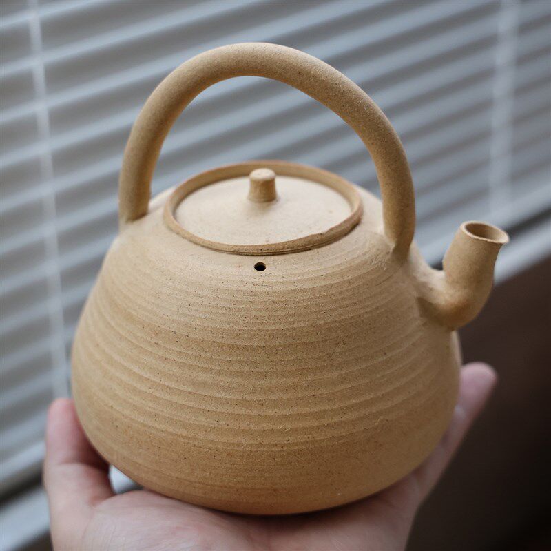手工白泥陶壶砂铫 粗陶茶具炭炉侧把煮茶壶 白茶急须壶玉书煨提梁