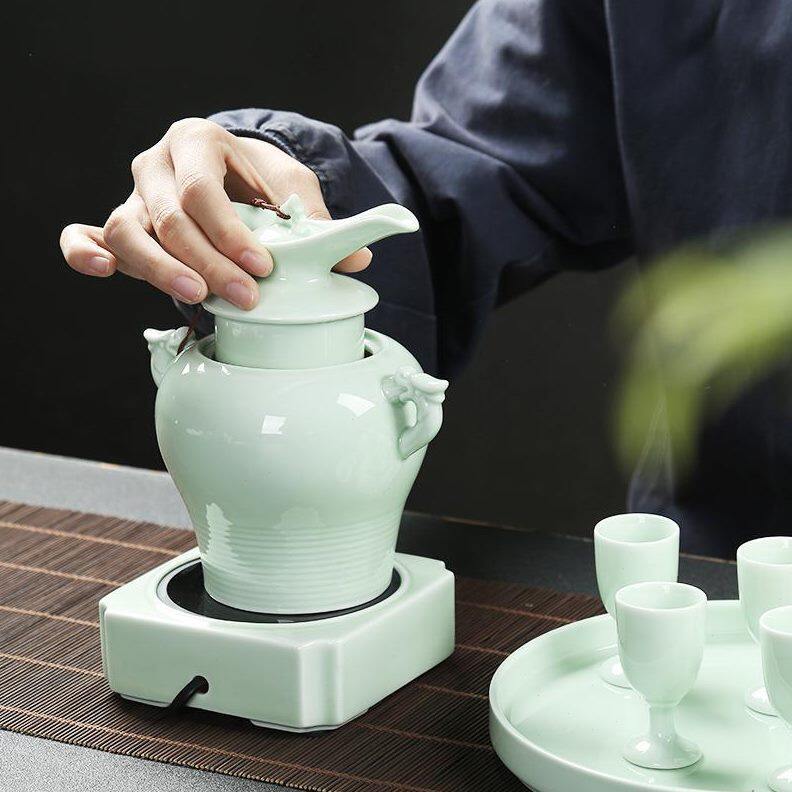 甄选温酒器中式电加热仿古烫酒壶家用黄酒煮酒器德化陶瓷酒具套装