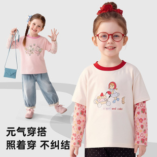 纯棉假两件卡通拼接网纱袖长袖上衣T恤柔软春秋打底衫女童小学生