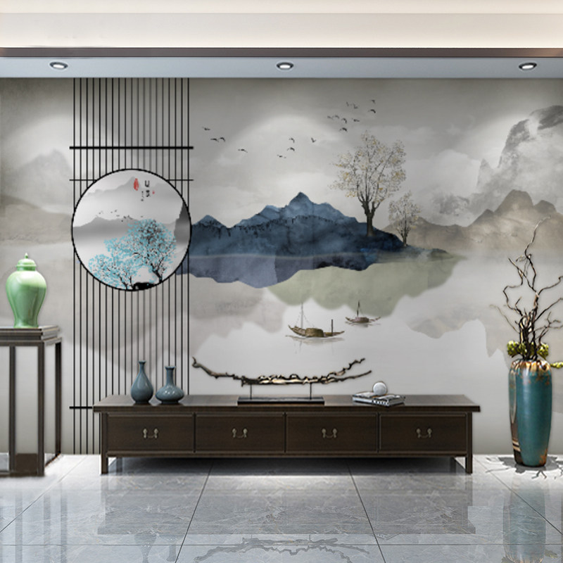 水D立体中式墙纸电视背景墙壁纸客厅卧室沙发壁画水3山墨意境墙布