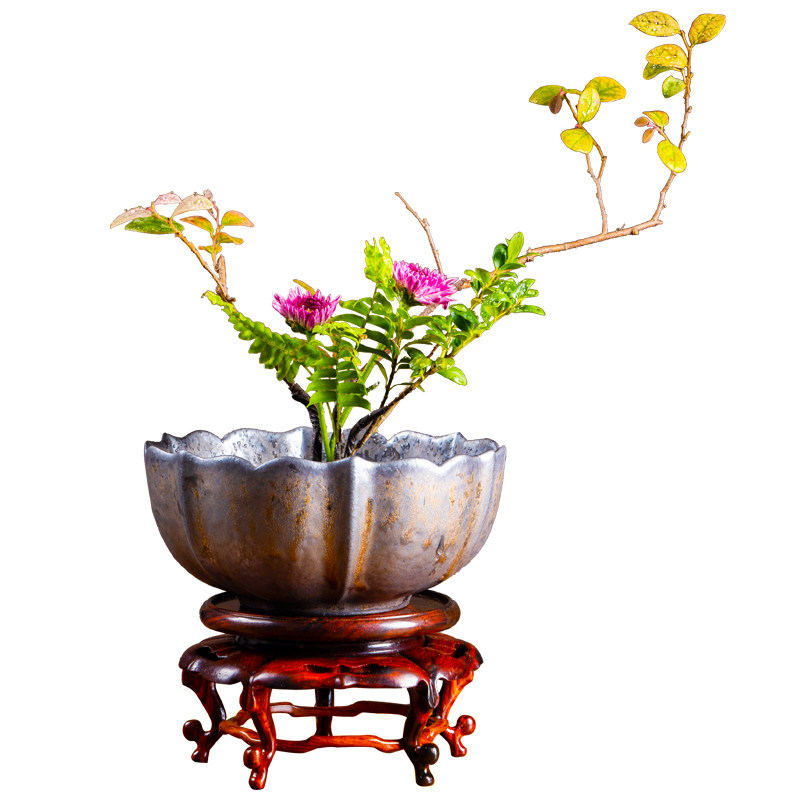 仿古莲花碗花器禅意鎏金陶瓷中式剑山插花器日式花道器皿花艺复古