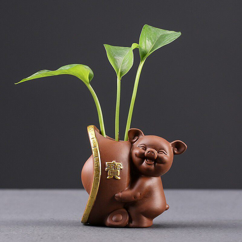 茶桌摆件高档紫砂茶宠摆件精品可养小猪水培花器禅意茶台茶具配件