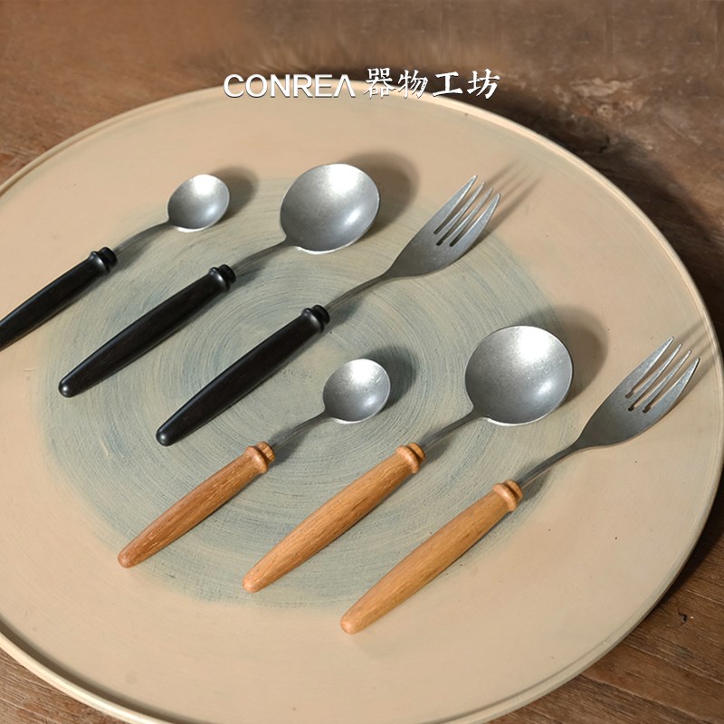 手作柚木紫光檀木餐勺餐叉甜品勺不锈钢木筷套装食品勺轻奢级餐具