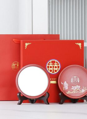 甄选SI6K比翼连理结婚陪嫁新人镜子一对红色陶瓷圆镜便携补妆化妆