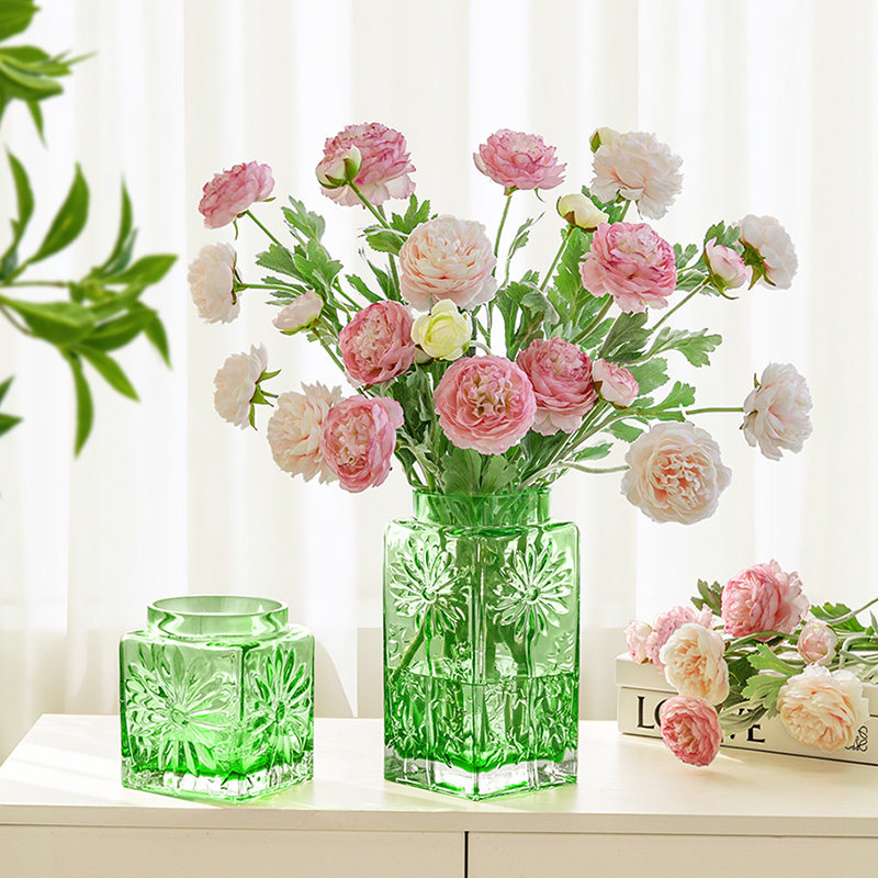 小雏菊浮雕花瓶摆件客厅插花高级感玻璃透明轻奢水晶水养鲜花玫瑰