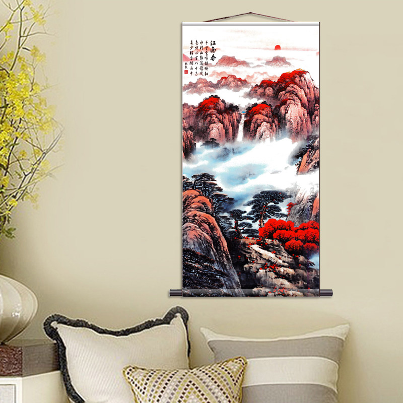 新款全画面卷轴丝绸画招财山水字画客厅沙发背景卷轴挂画靠山字画