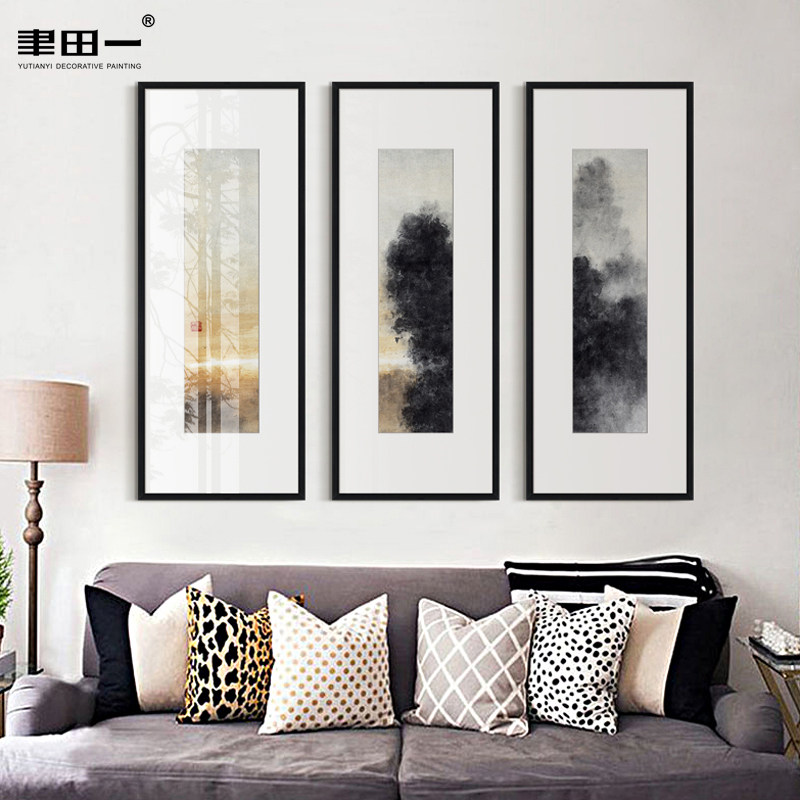 新中式水墨装饰画古典三联玄关壁画竖版样板间山水挂画过道墙面画