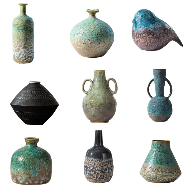 复古做旧仿绿锈窑变泡泡釉陶瓷花瓶侘寂风中式样板间客厅小鸟摆件