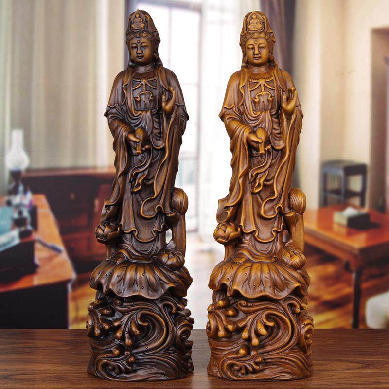 木雕观音摆件大号 供奉拜神家用实木南海观世音菩萨佛像雕像摆设
