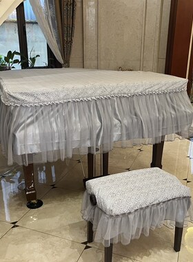 果绿色和灰色双层蕾丝纱布防尘三角钢琴罩