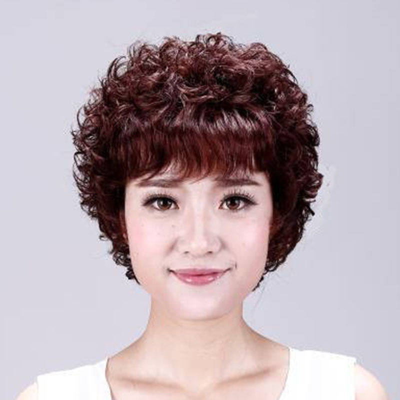 中老年假发全头套女妈妈短发真发全真发头套蓬松小卷短发造型烫发