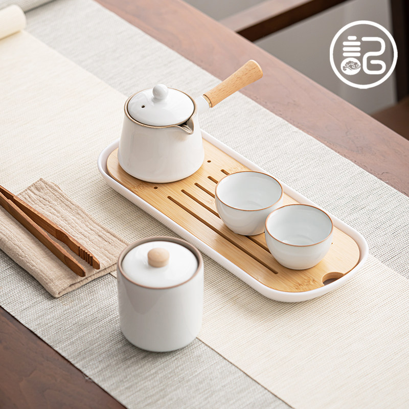 记今朝白色日式一壶二杯带茶盘功夫茶具套装工位办公酒店客房民宿