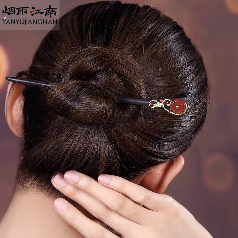 简约旗袍发簪现代簪子古风木簪日常头饰步摇钗子发钗发饰女红色