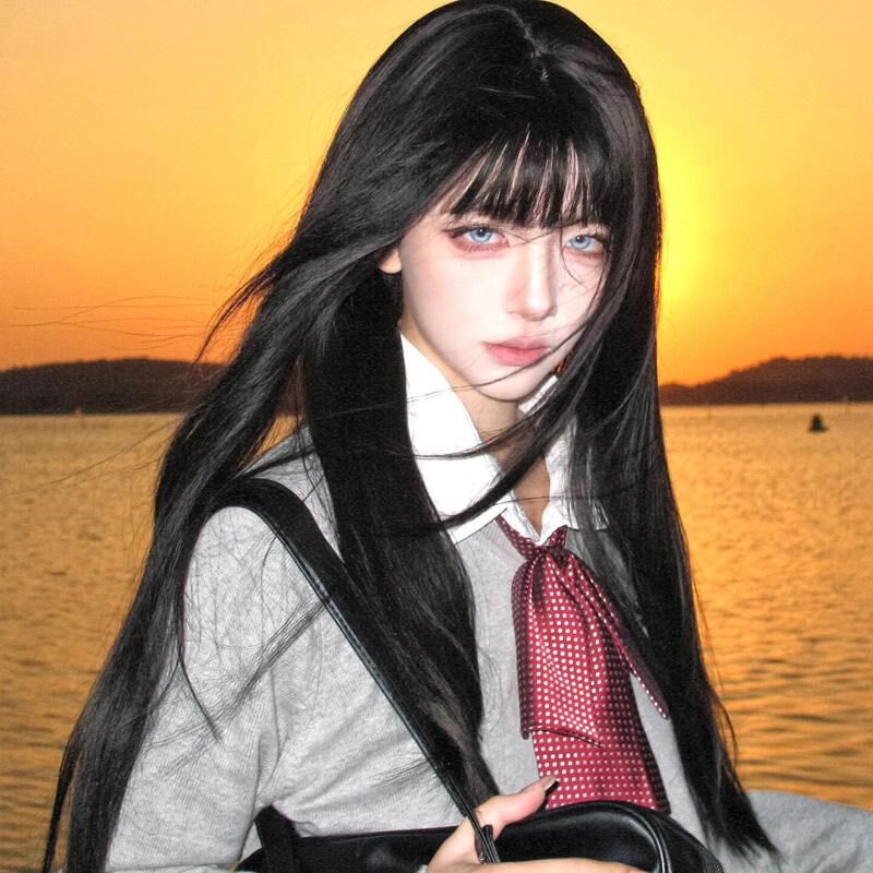jk富江cos万用漫画刘海长发女全头套Lolita齐刘海黑色自然长直发