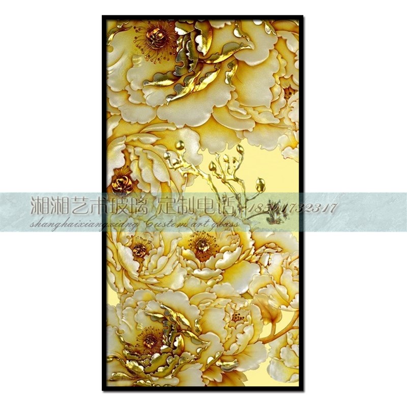 定制入户客厅屏风艺术玻璃餐厅玄关隔断背景墙中式风牡丹雕刻浮雕