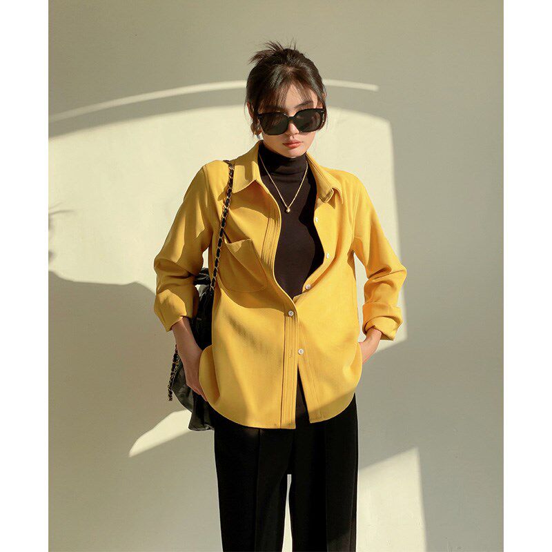 姜黄色灯芯绒衬衫女春秋设计感叠穿长袖衬衣女装2024新款磨毛上衣