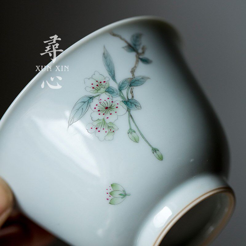 仿古胎手绘海棠花盖碗茶碗单个家用三才碗中式陶瓷功夫茶具泡茶器
