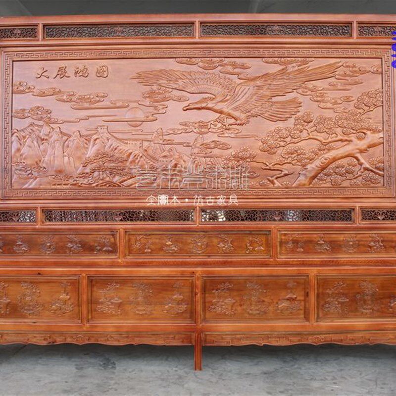 东阳木雕座屏中式实木落地屏风 大屏风大展鸿图双面雕花屏风隔断