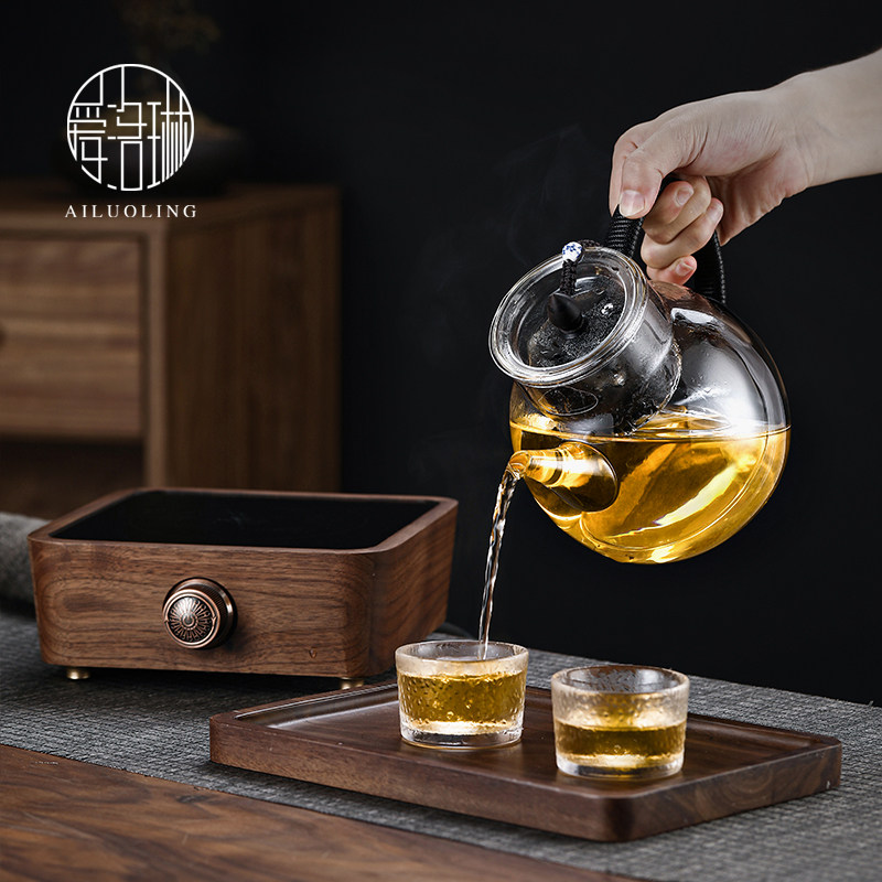 爱洛琳 日式耐热玻璃煮茶壶胡桃木电陶炉套装 小型蒸茶煮茶器网红