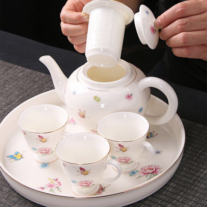 羊脂玉功夫茶具套装带托盘陶瓷家用客厅带过滤泡茶壶有耳茶杯套装