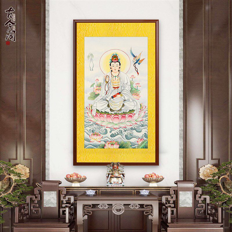 纯手绘工笔画白衣观音坐莲观世音菩萨画像佛像童子挂画卷轴挂轴
