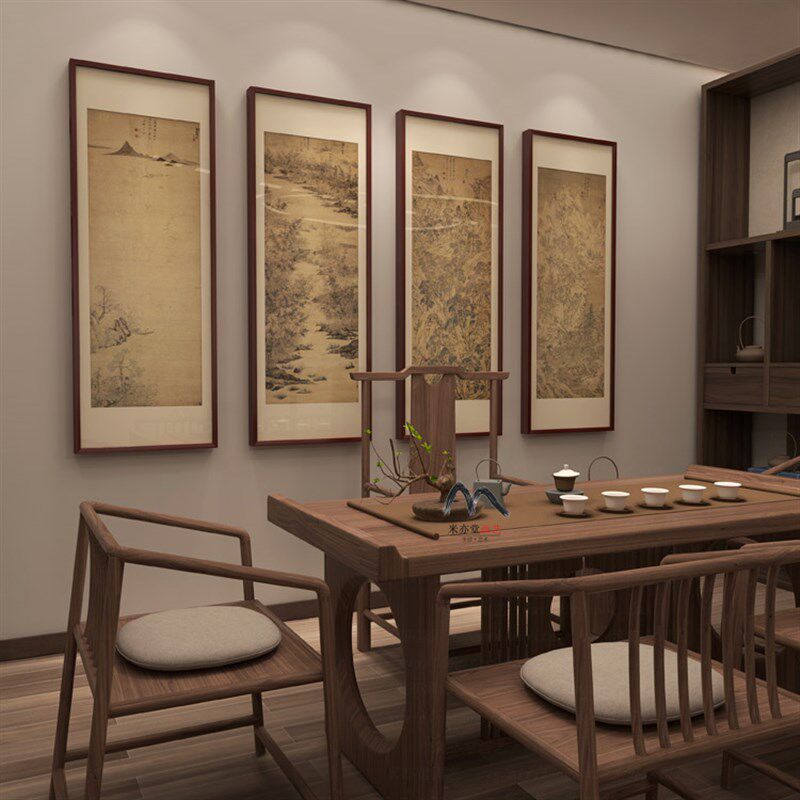 米亦堂x文伯仁 四万山水新中式四条屏禅意国画餐厅书房玄关竖挂画