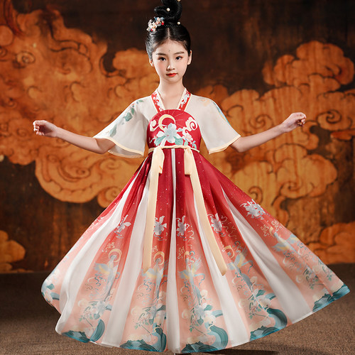 女童汉服夏季中国风儿童连衣裙夏童装六一民族古装演出服红色裙子