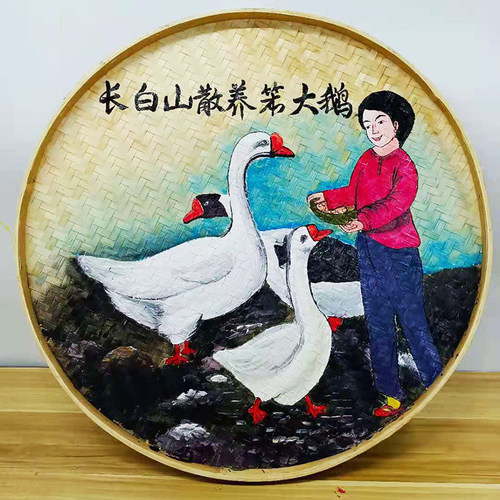 手绘竹编簸箕挂画农家乐农家院墙面装饰画农庄墙壁挂件墙上挂饰品