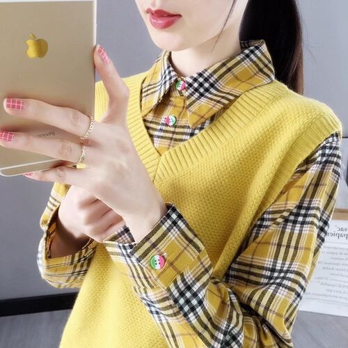假两件针织衬衫女长袖秋冬2025新款格子衬衫领上衣打底衫毛衣外套