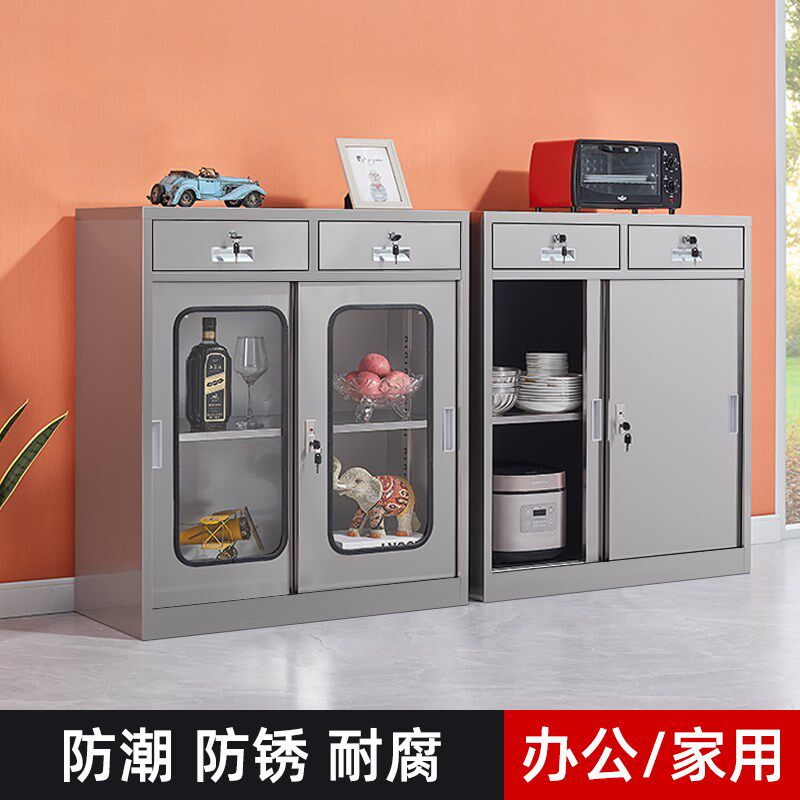 304不锈钢厨房碗柜家用小型茶水收纳柜推拉门橱柜餐厅储物柜矮柜