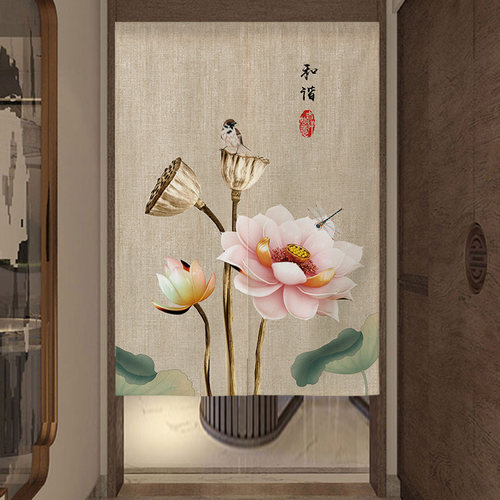 中国风门帘隔断帘复古荷花挂帘客厅家用布帘卧室中式免打孔厕所帘