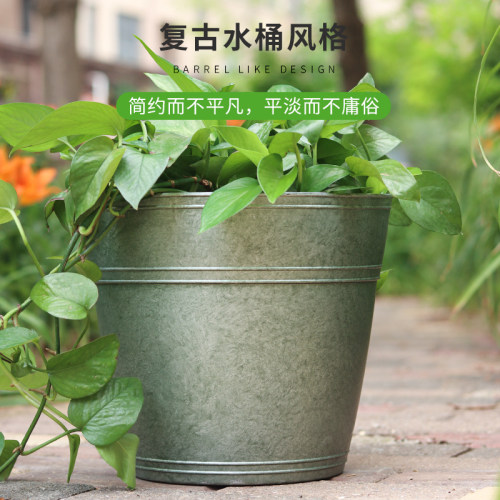 复古仿铁皮桶花盆塑料欧式田园球根盆阳台卧室装饰摆件花器水桶盆