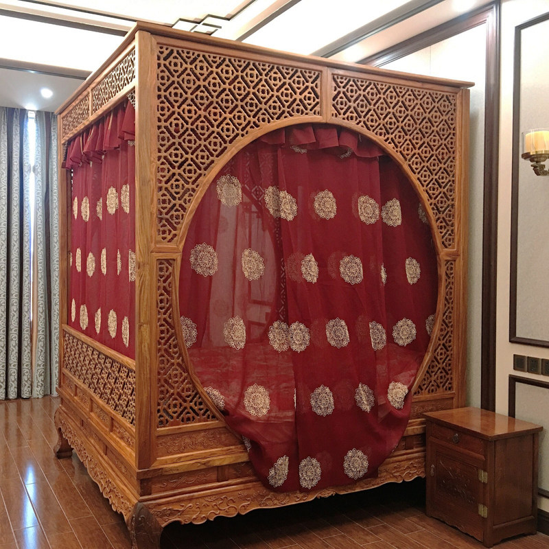 中式仿明清古典双月洞踏步架子床酒红仿麻纱绣花装饰防蚊结婚床幔